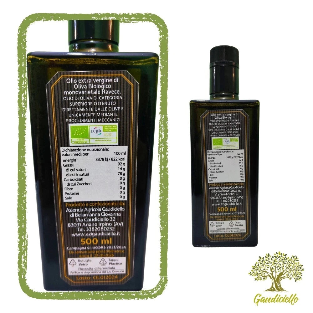 Bottiglia quadrata Olio extra vergine Ravece 100% Biologico 500 ml